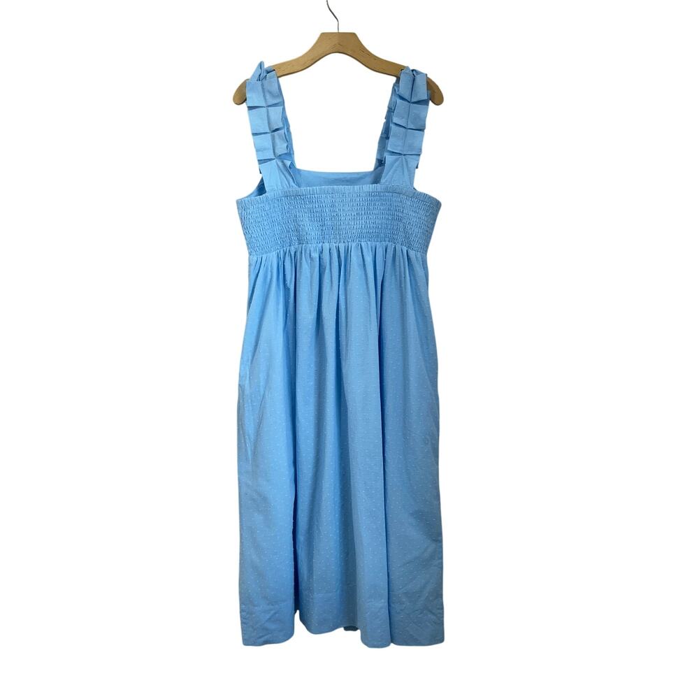 LAKE Light Blue Swiss Dot Smocked Midi Dress Ruffle Strap Cottagecore Coquette L - Picture 5 of 9